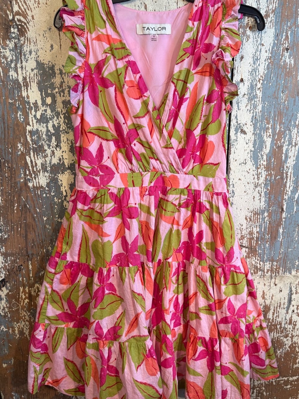 Taylor Pink Floral Tiered Mini Dress with Green Leaves and Orange Accents